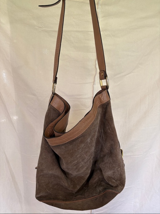 Handbags - Brown Suede Shoulder Bag with Leather Trim